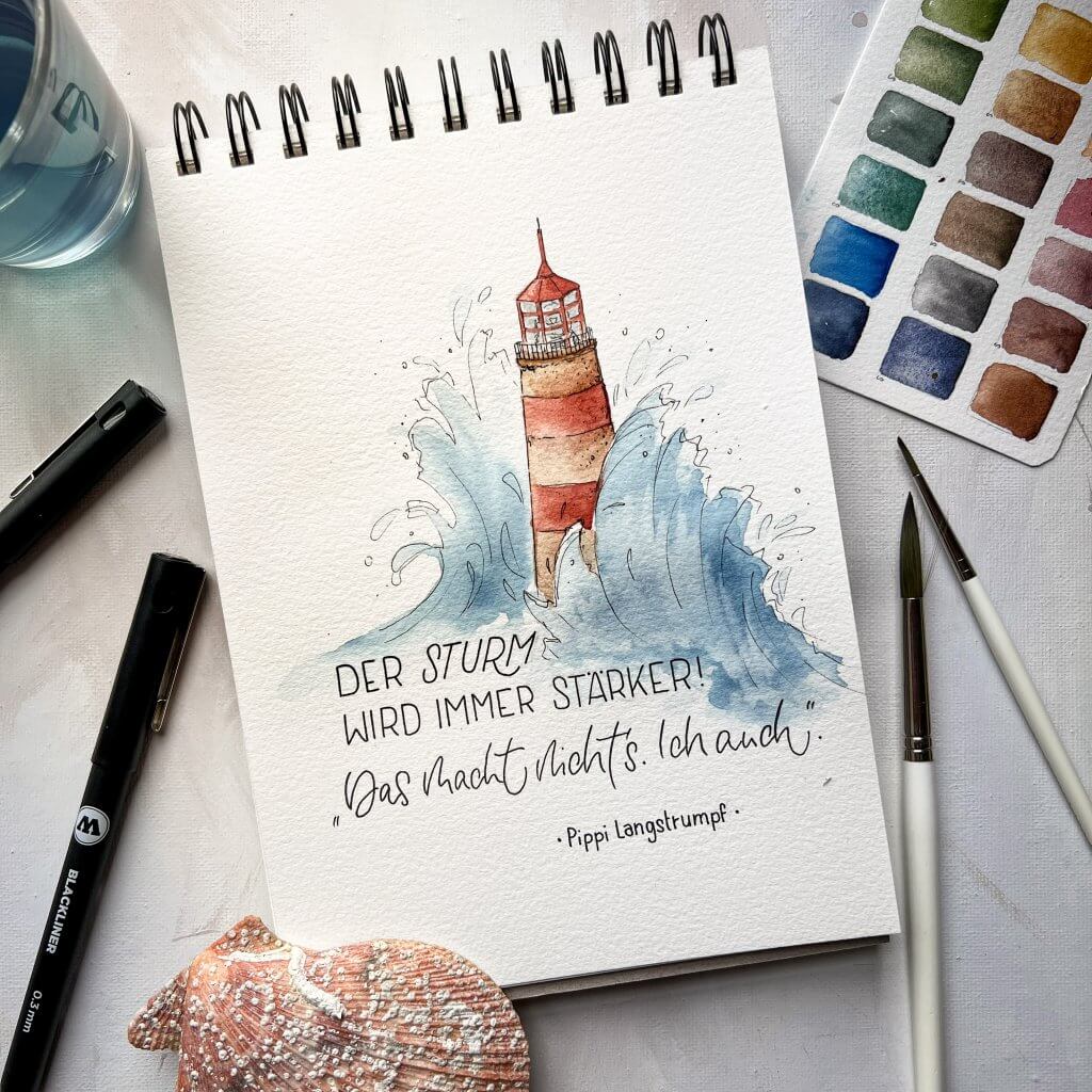 Leuchtturm Watercolor Bild mit Spruch von Milly